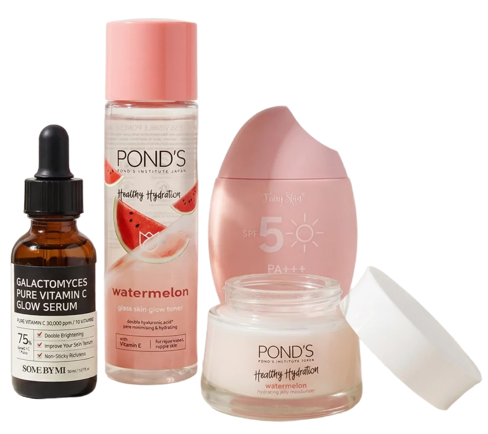 Daily skincare routine products including face mask, serum, toner, sunscreen, and moisturizer on white background.