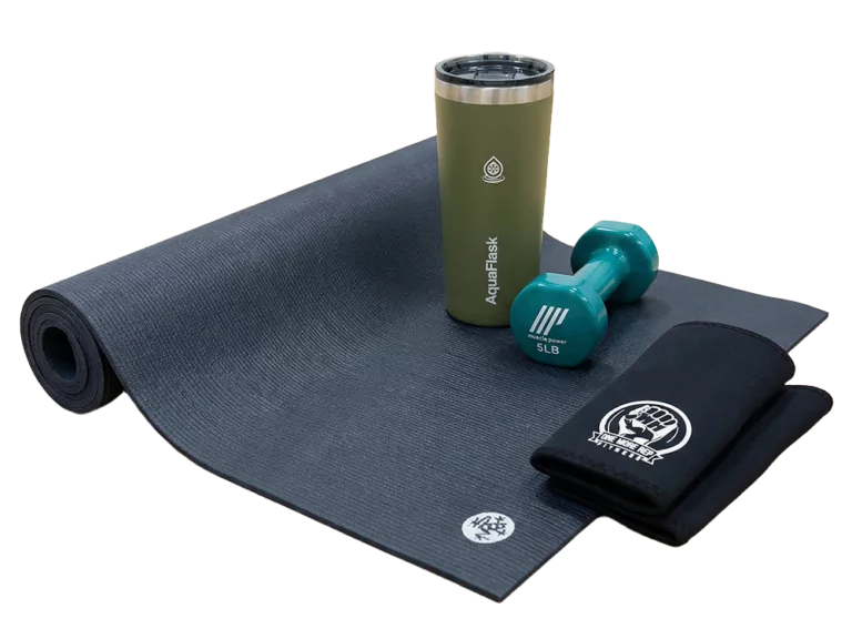 Digital product bundle featuring a yoga mat, tumbler, dumbbells, and towel for gym and workout sessions.