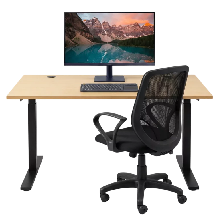 Modern desk with monitor stand, office chair, keyboard, and computer for a home office starter bundle setup.