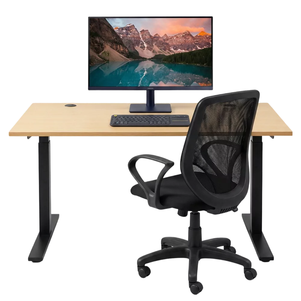 Modern desk with monitor stand, office chair, keyboard, and computer for a home office starter bundle setup.