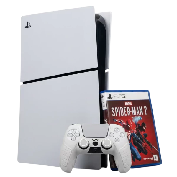 PS5 gaming bundle with white console, controller, and Marvel's Spider-Man 2 game case displayed in front.