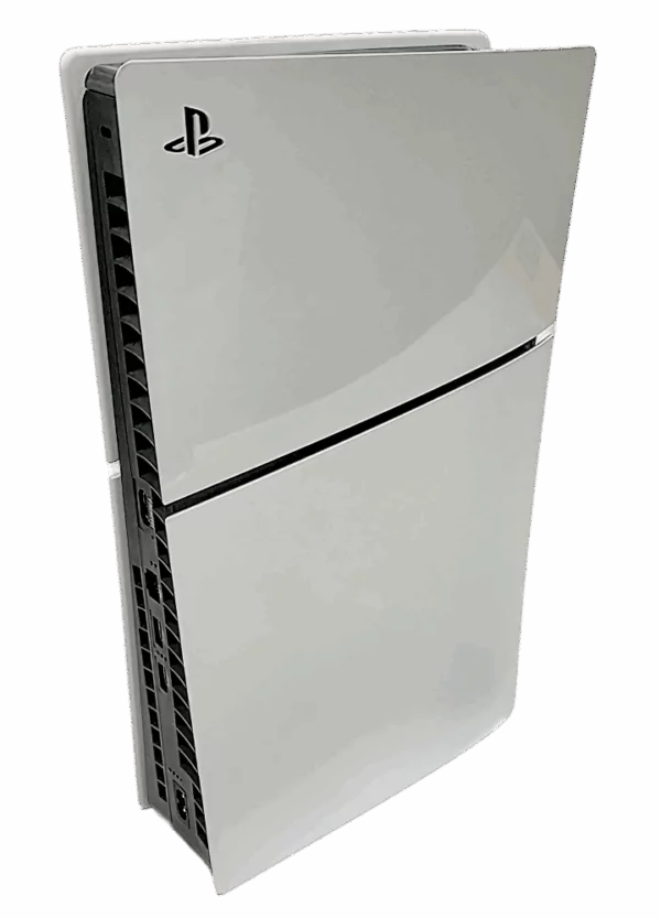 Consolă PS5 Slim cu disc, vedere laterală, design modern alb pentru gaming de ultimă generație.
