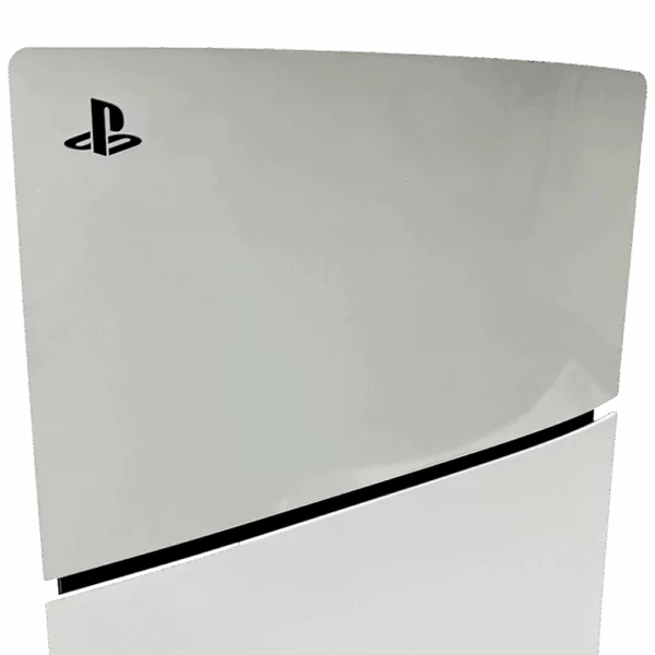 PlayStation 5 Slim cu disc, design modern alb, logo PS pentru consola de ultimă generație gaming.