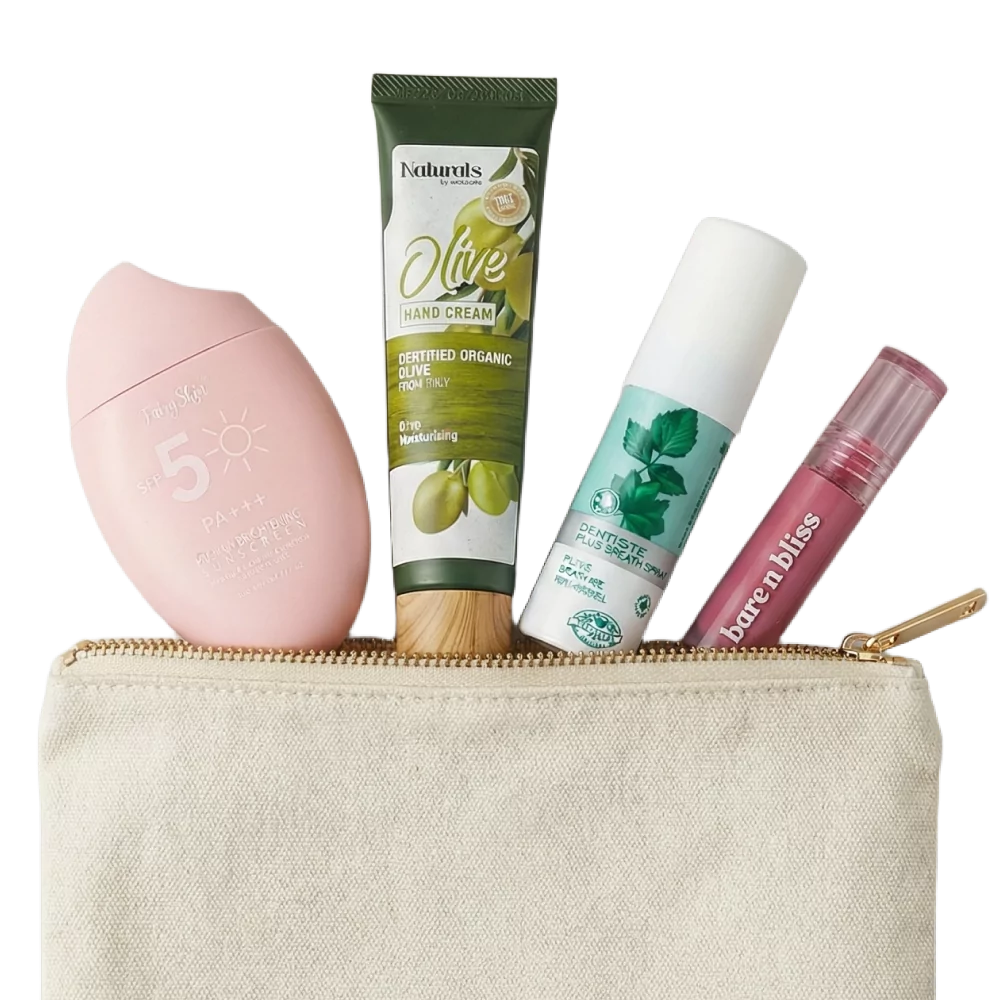 Travel pouch with sunscreen, hand cream, face mist, and lip balm for essential on-the-go skincare.