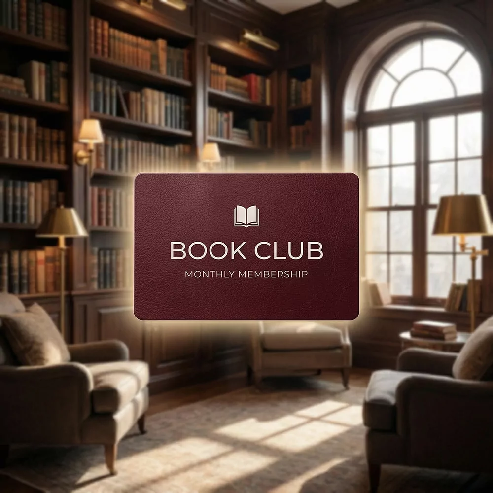 Bogklubmedlemskab for børnebogklub vist i hyggeligt bibliotek med reoler og komfortable stole.