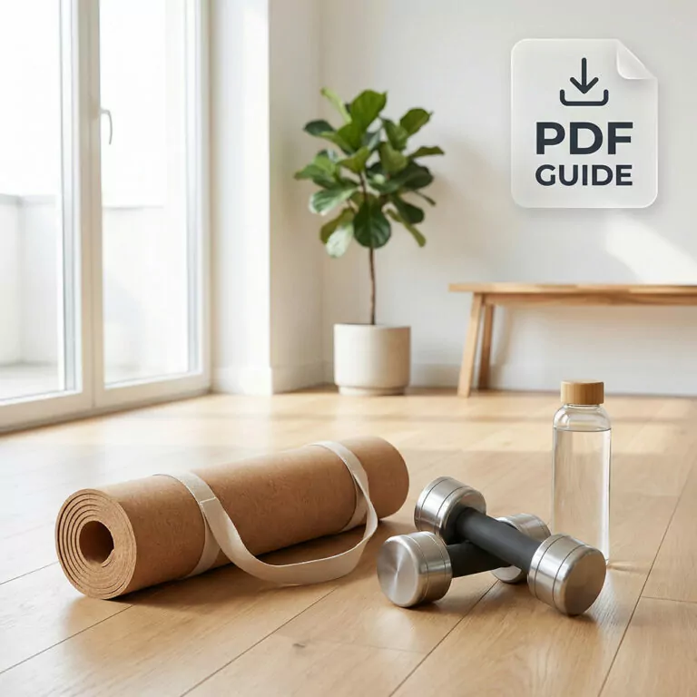 At home dumbbell workout PDF guide cover with dumbbells, yoga mat, and water bottle in a bright living room.