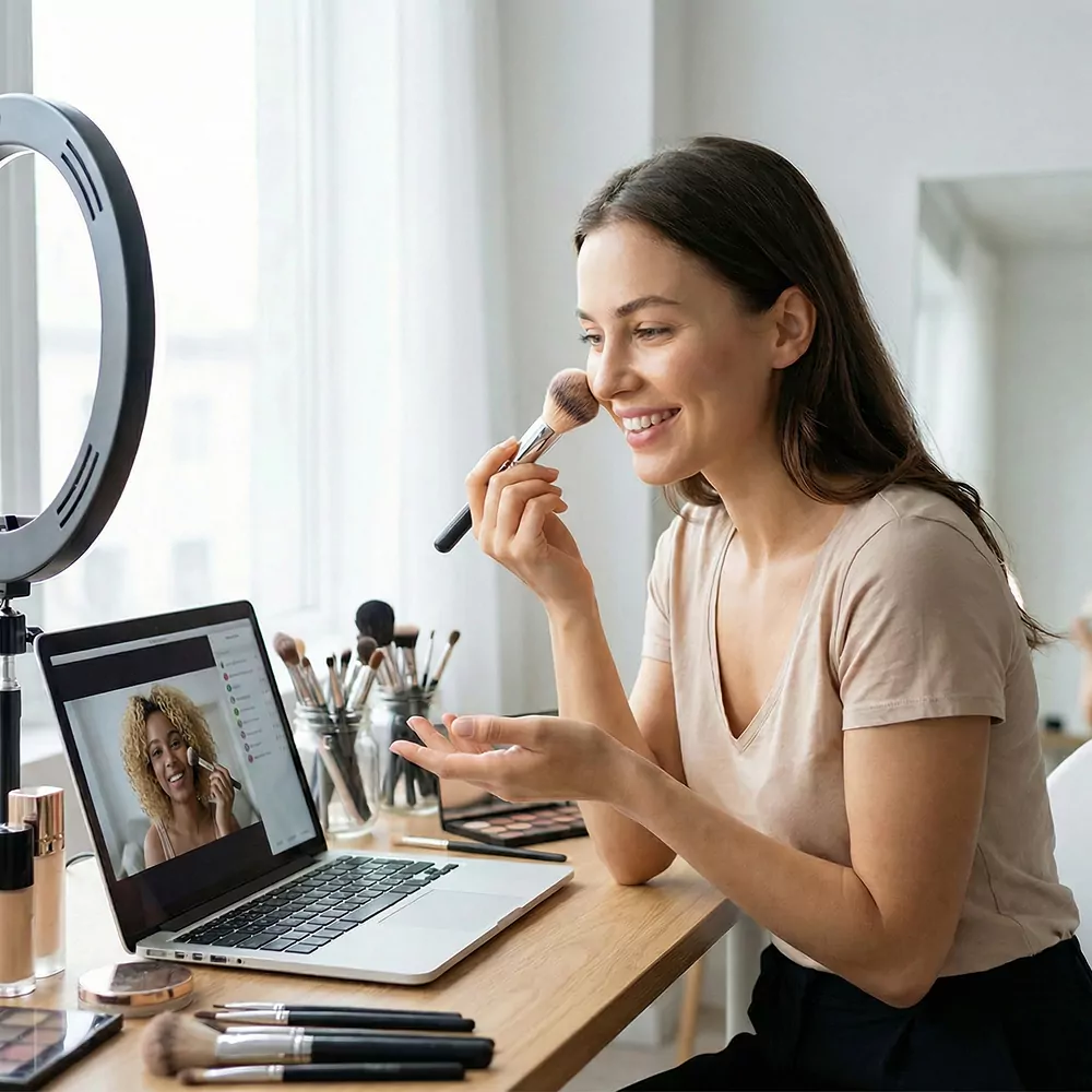 Mwanamke akijifunza mafunzo ya makeup mtandaoni akiwa mbele ya laptop na vifaa vya urembo.