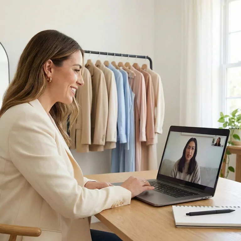 Virtual personal styling consultation focused on closet organization, with clothes neatly arranged in the background.