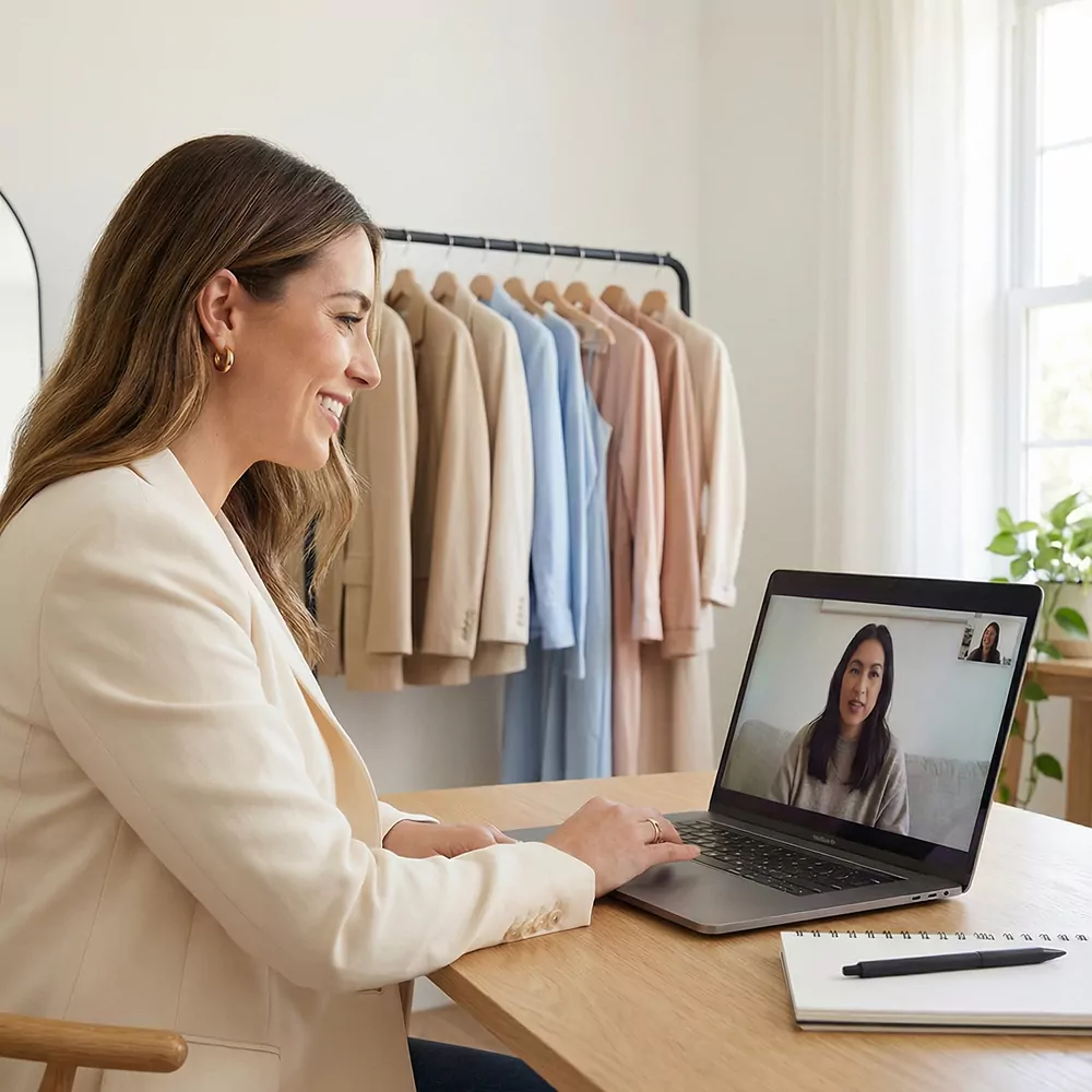 Personal stylist orienta cliente em consulta de estilo pessoal online, roupas elegantes ao fundo.