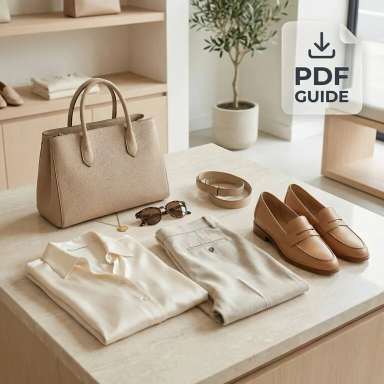 Minimalist outfit with shirt, pants, loafers, and accessories arranged for personal styling PDF guide.