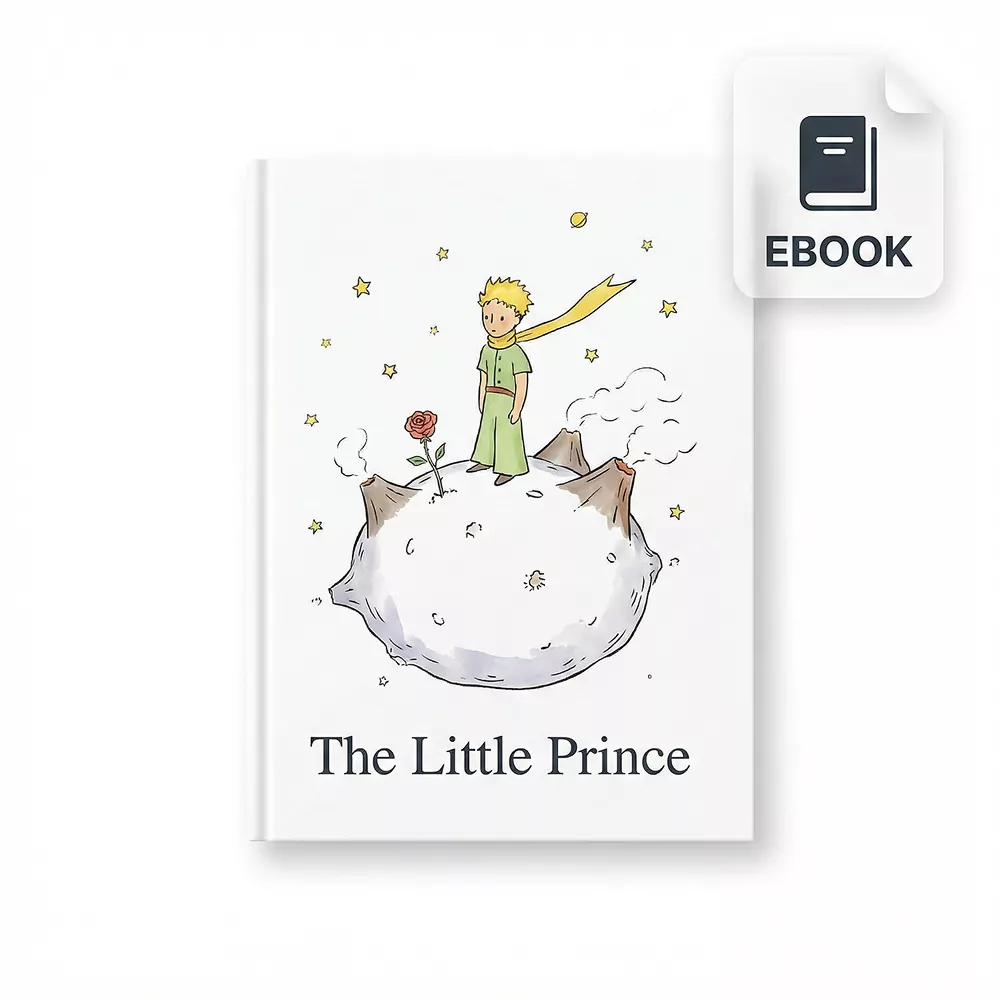 Forside af Den Lille Prins, dansk klassiker e-bog med illustration af prinsen på en lille planet.