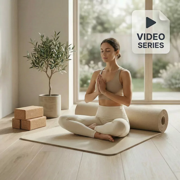 Woman practicing yoga indoors with mat and blocks, promoting Yoga for Beginners wellness DVD video series.