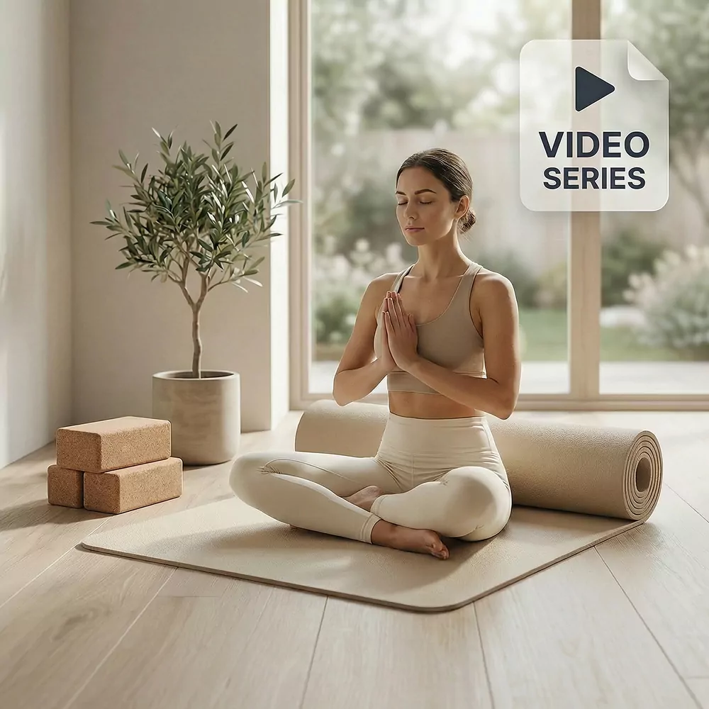 Woman practicing yoga indoors with mat and blocks, promoting Yoga for Beginners wellness DVD video series.